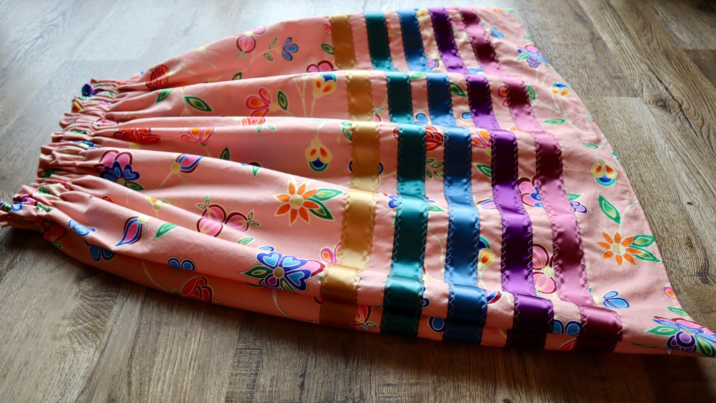 Handmade Ceremony, Casual Ribbon Skirt: Jewel Tones, Pink Indigenous Floral Print, Custom Waist *up to 50 inches* (enter desired sizes waist size “inches” or Dress/Pants size in order notes)