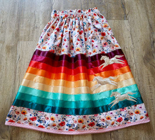 Couture Embroidered Stacked Pony Ribbon Skirt Pockets Womens Floral Cotton Fire Water Ombre OOAK Indigenous HandMade *up to 50 inches* (enter desired sizes waist size “inches” or Dress/Pants size in order notes)