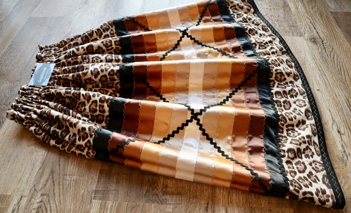 Couture Stacked Ribbon Skirt Pockets Womens Leopard Print Black Gold Ombre Ric Rac OOAK Indigenous HandMade *up to 50 inches* (enter desired sizes waist size “inches” or Dress/Pants size in order notes)