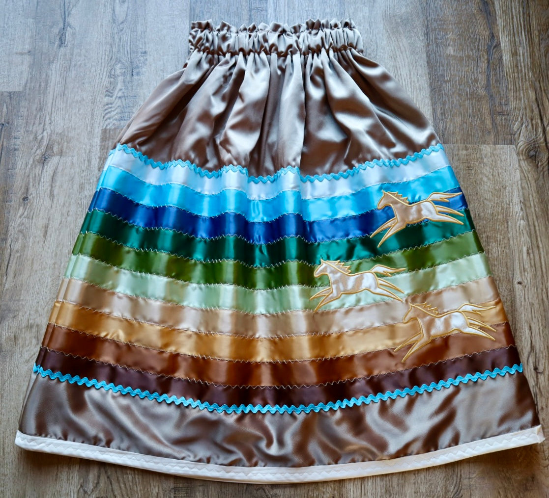 Couture Embroidered Stacked Pony Ribbon Skirt Pockets Womens Light Mocha Satin Earth Tones Ombre OOAK Indigenous HandMade *up to 50 inches* (enter desired sizes waist size “inches” or Dress/Pants size in order notes)