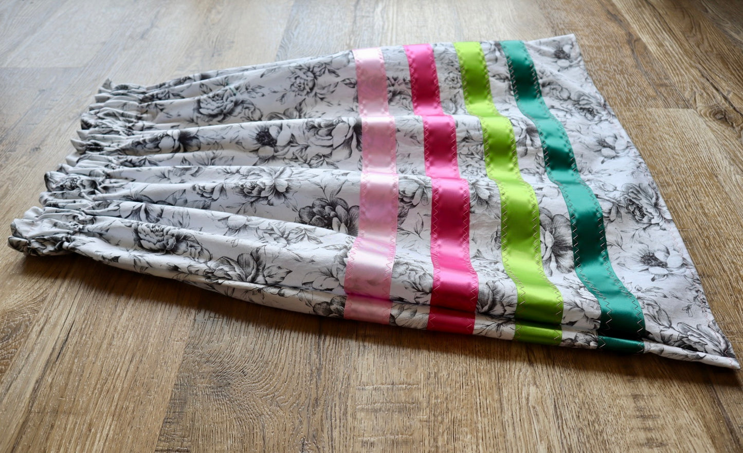 Handmade Ribbon Skirt, Youth Size 7-9 Black and White Floral Print Premium Cotton Green Pink Ombre OOAK Indigenous Made Clothing