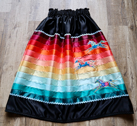 Couture Embroidered Stacked Pony Ribbon Skirt Pockets Womens Black Satin Fire Water Tones Ombre OOAK Indigenous HandMade *up to 50 inches* (enter desired sizes waist size “inches” or Dress/Pants size in order notes)