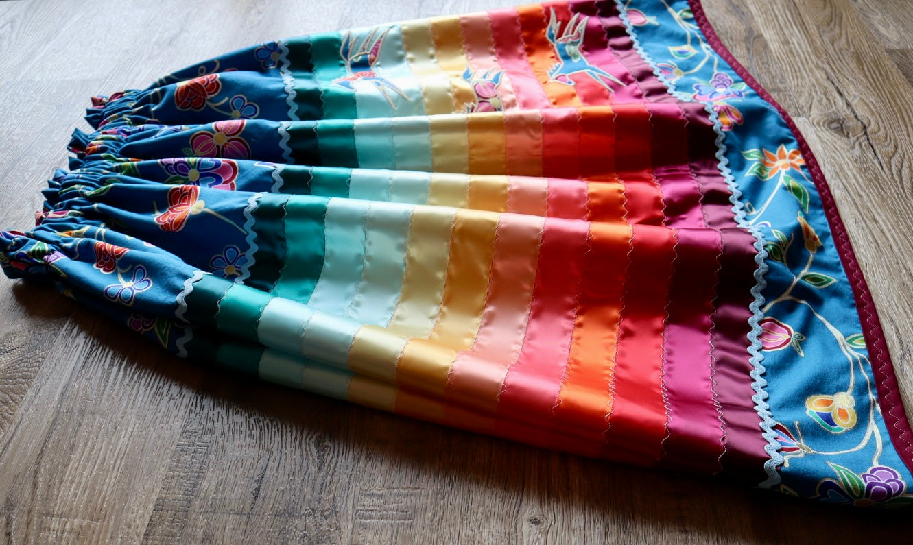 Couture Embroidered Stacked Pony Ribbon Skirt Pockets Womens Blue Indigenous Floral Cotton Fire Water Ombre OOAK Indigenous HandMade *up to 50 inches* (enter desired sizes waist size “inches” or Dress/Pants size in order notes)