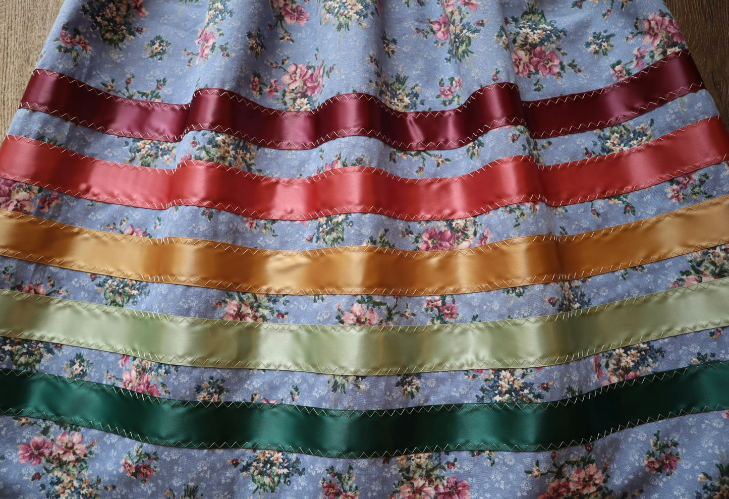 Handmade Ceremony, Casual Ribbon Skirt: Earth Tones, Blue Floral Print, Custom Waist *up to 50 inches* (enter desired sizes waist size “inches” or Dress/Pants size in order notes)