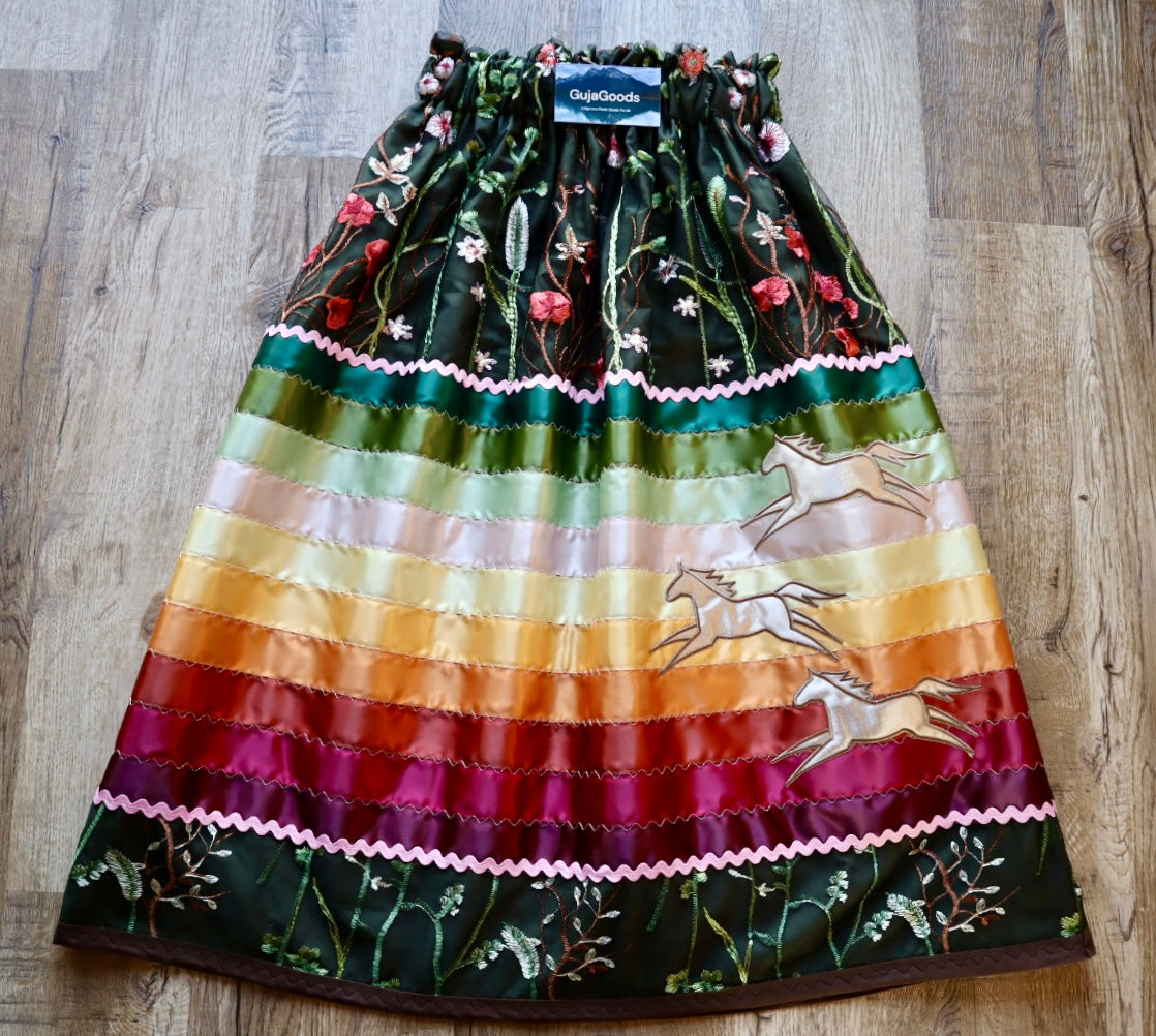 Couture Embroidered Stacked Pony Ribbon Skirt Pockets Womens Black Lace Earthy Ombre OOAK Indigenous HandMade *up to 50 inches* (enter desired sizes waist size “inches” or Dress/Pants size in order notes)