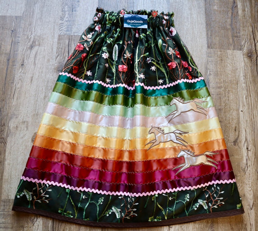 Couture Embroidered Stacked Pony Ribbon Skirt Pockets Womens Black Lace Earthy Ombre OOAK Indigenous HandMade *up to 50 inches* (enter desired sizes waist size “inches” or Dress/Pants size in order notes)