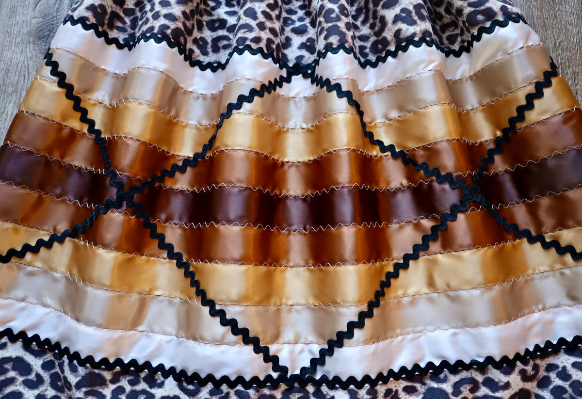 Couture Stacked Ribbon Skirt Pockets Womens Leopard Print White Gold Ombre Ric Rac OOAK Indigenous HandMade *up to 50 inches* (enter desired sizes waist size “inches” or Dress/Pants size in order notes)