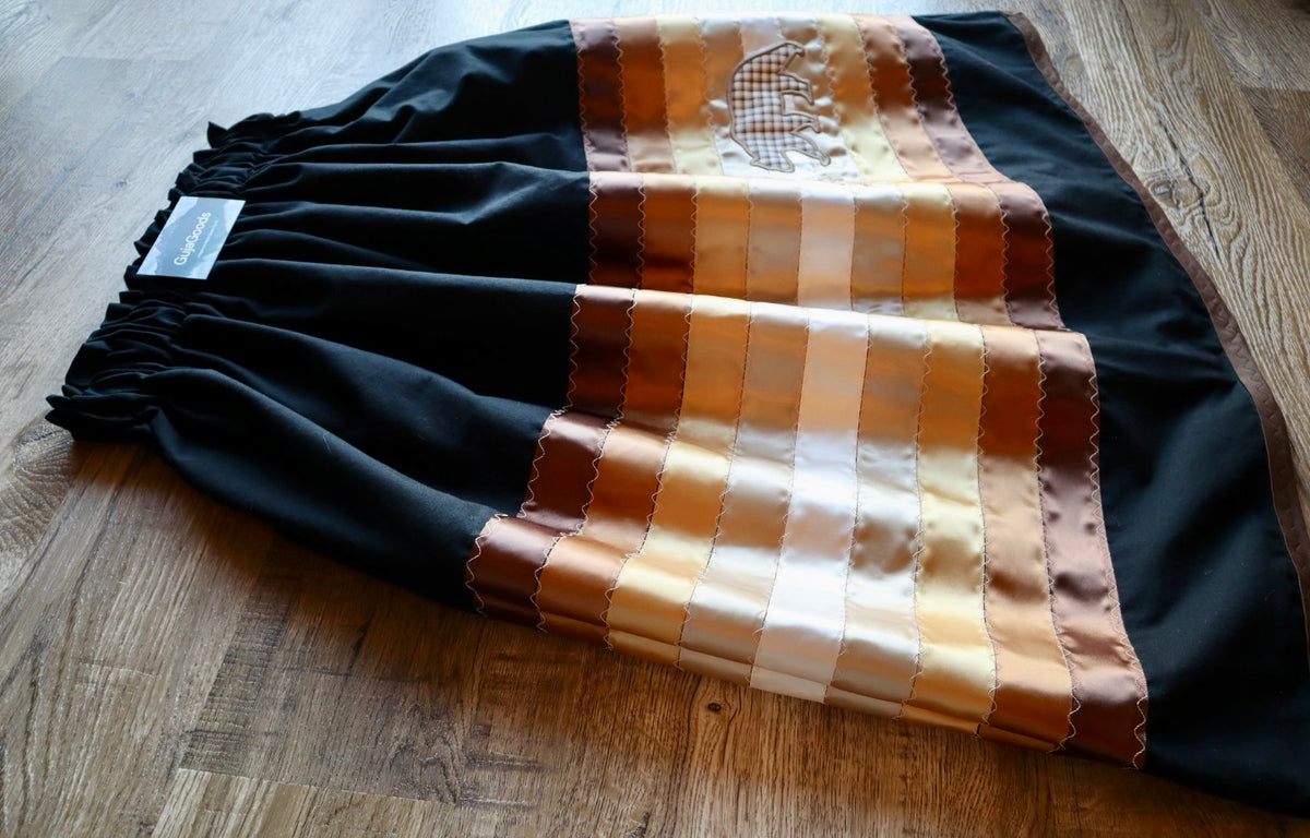 Couture Embroidered Stacked Mama Bear & Cub Ribbon Skirt Pockets Womens Black Cotton Gold Ombre OOAK Indigenous HandMade *up to 50 inches* (enter desired sizes waist size “inches” or Dress/Pants size in order notes)