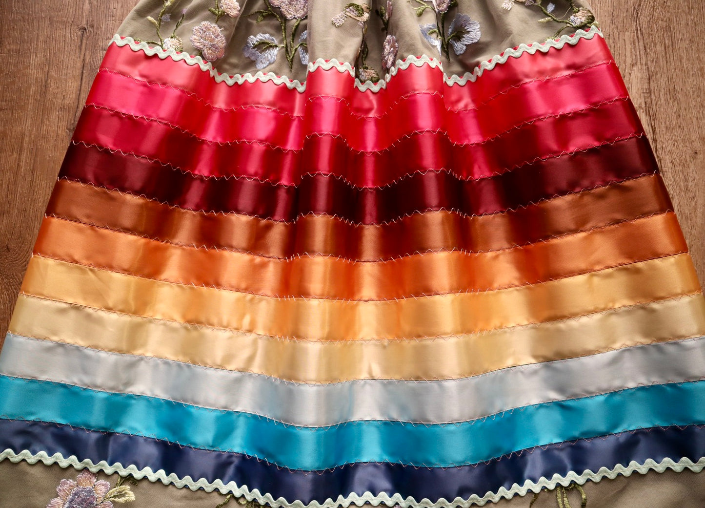 Couture Stacked Ribbon Skirt Pockets Womens Sage Green Floral Lace Blue Pink Tone Ombre RicRac Cotton OOAK Indigenous HandMade *up to 50 inches* (enter desired sizes waist size “inches” or Dress/Pants size in order notes)