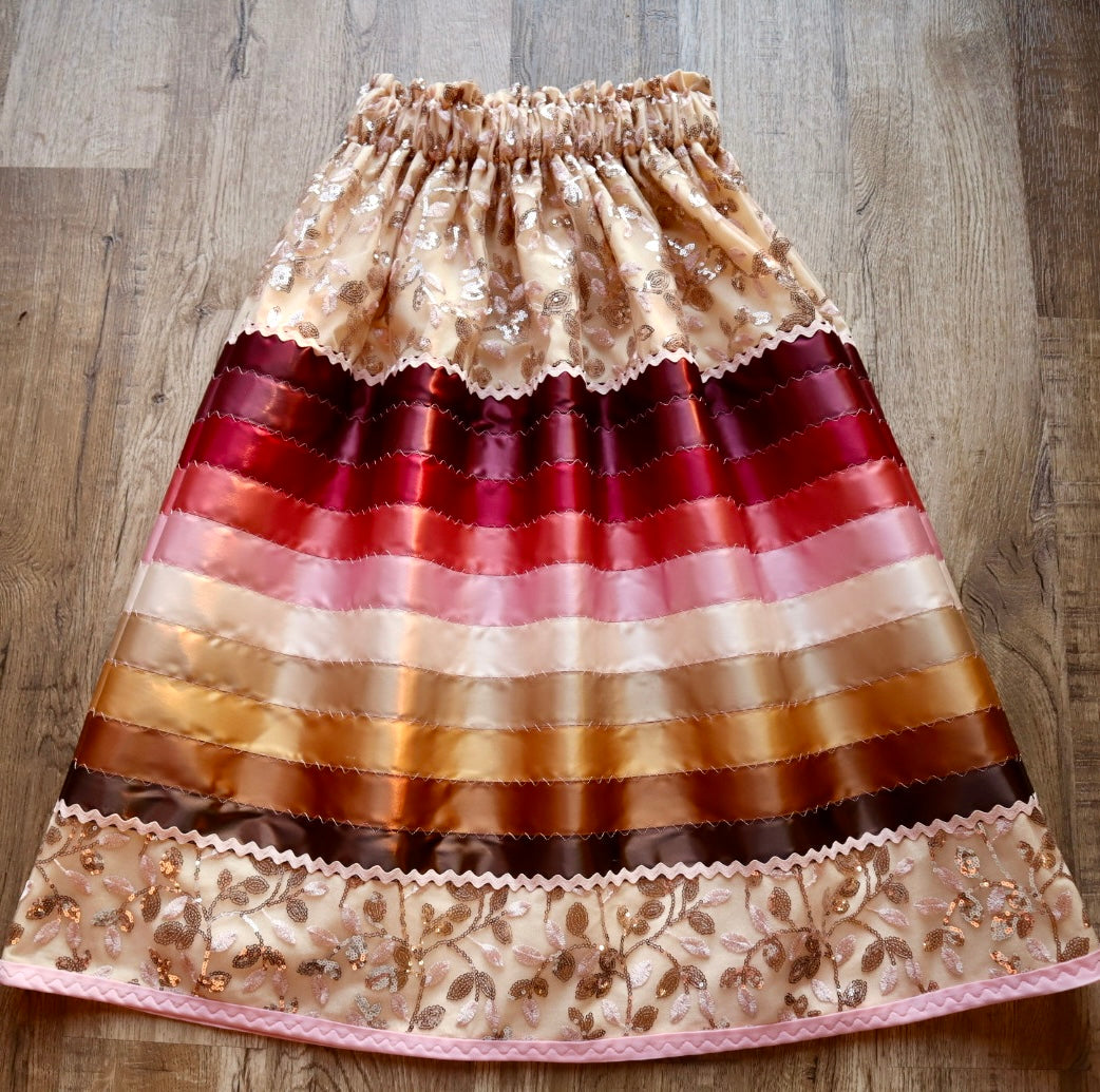 Couture Stacked Ribbon Skirt Pockets Womens Sequin Nude Lace Maroon Brown Ombre RicRac Cotton OOAK Indigenous HandMade *up to 50 inches* (enter desired sizes waist size “inches” or Dress/Pants size in order notes)