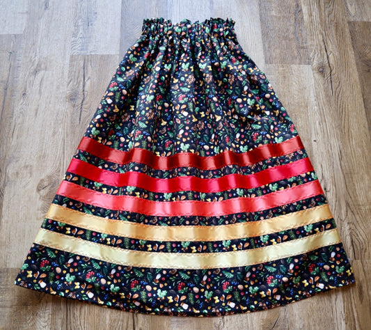 Handmade Ceremony, Casual Ribbon Skirt: Fire Tones, Black Woods Floral Print, Custom Waist *up to 50 inches* (enter desired sizes waist size “inches” or Dress/Pants size in order notes)