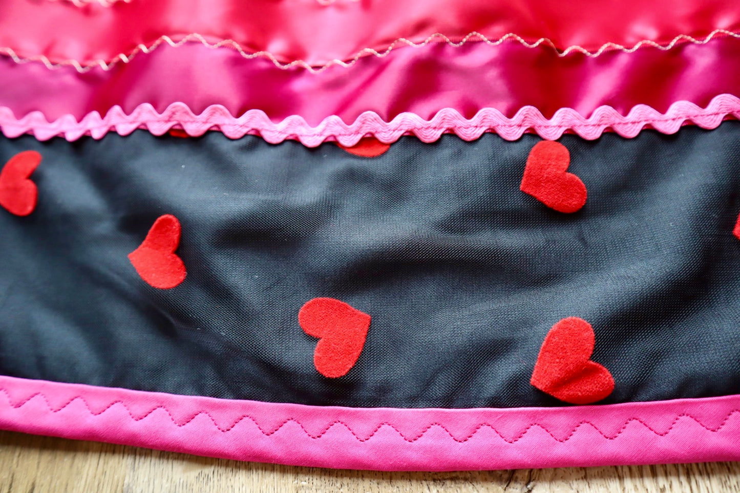 Couture Stacked Ribbon Skirt Pockets Womens Black Heart Lace Pink Tone Ombre RicRac Cotton OOAK Indigenous HandMade *up to 50 inches* (enter desired sizes waist size “inches” or Dress/Pants size in order notes)