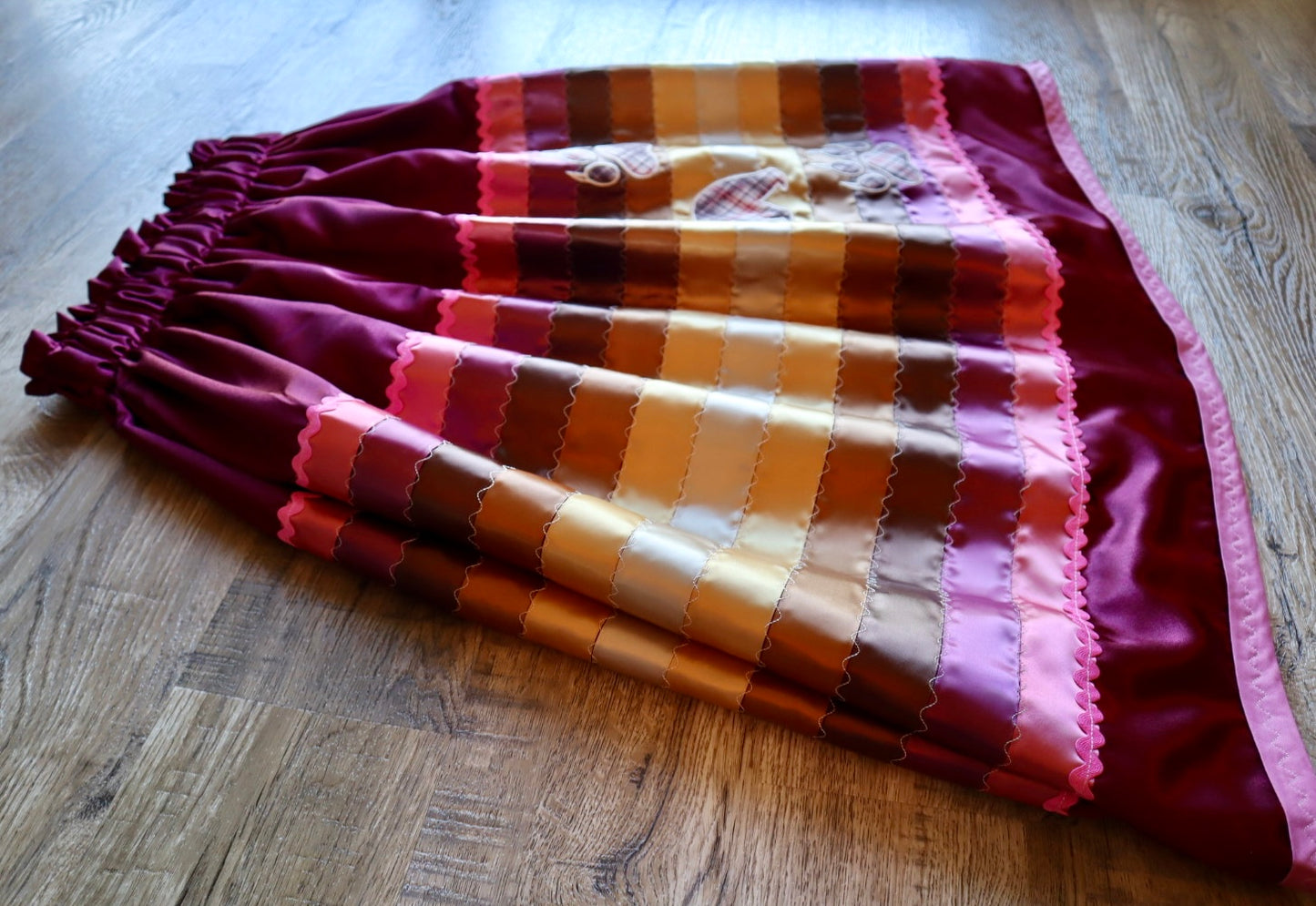 Couture Embroidered Stacked Bear & Bearpaw Ribbon Skirt Pockets Womens Maroon Satin Gold Ombre OOAK Indigenous HandMade *up to 50 inches* (enter desired sizes waist size “inches” or Dress/Pants size in order notes)