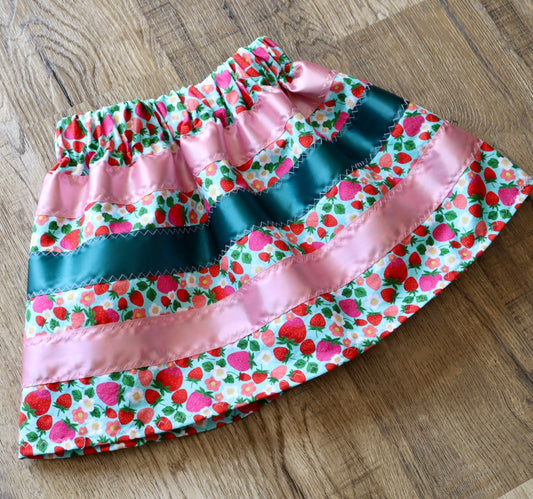 Handmade Infant/Toddler Ribbon Skirt, 12M-18M Turquoise Strawberry Floral Print Premium Cotton, OOAK Indigenous Made Clothing