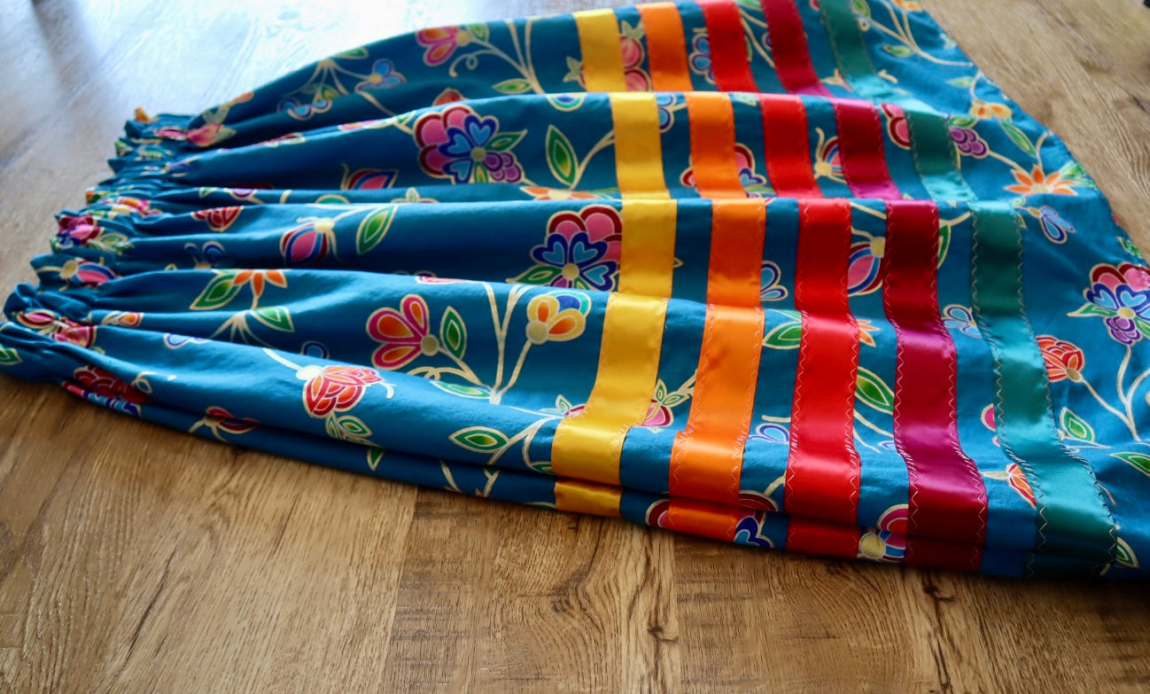 Handmade Ceremony, Casual Ribbon Skirt: Fire Tones, Blue Floral Print, Custom Waist *up to 50 inches* (enter desired sizes waist size “inches” or Dress/Pants size in order notes)