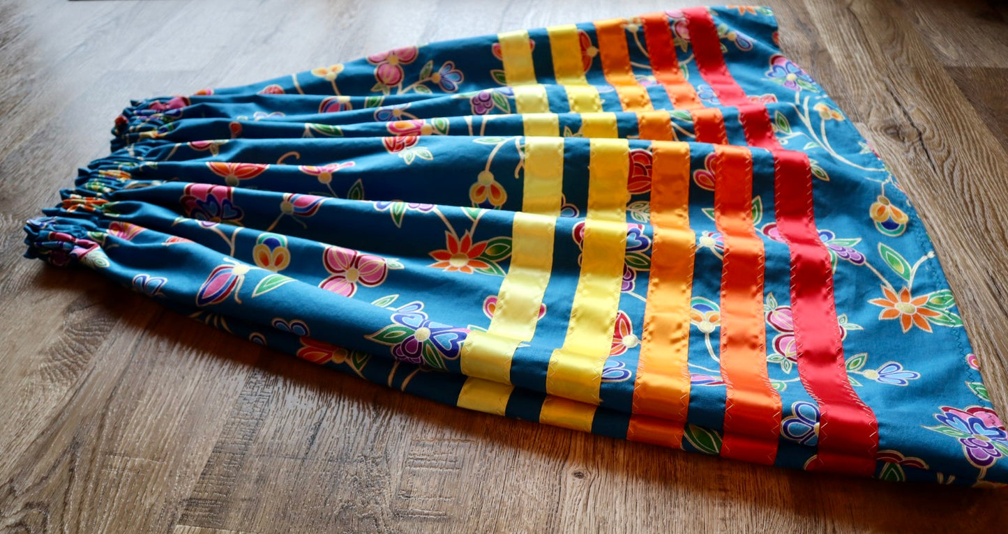 Handmade Ceremony, Casual Ribbon Skirt: Fire Tones, Blue  Indigenous Floral Print, Custom Waist *up to 50 inches* (enter desired sizes waist size “inches” or Dress/Pants size in order notes)