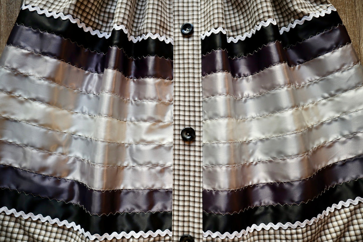 Couture Stacked Ribbon Skirt:  Cream Plaid Cotton with Buttons *up to 50 inches* (enter desired sizes waist size “inches” or Dress/Pants size in order notes)