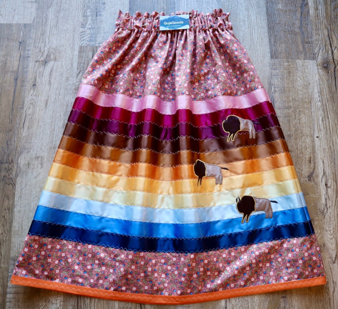 Couture Embroidered Stacked Bison Ribbon Skirt Pockets Womens Clay Floral Cotton Pink to Blue Ombre OOAK Indigenous HandMade *up to 50 inches* (enter desired sizes waist size “inches” or Dress/Pants size in order notes)