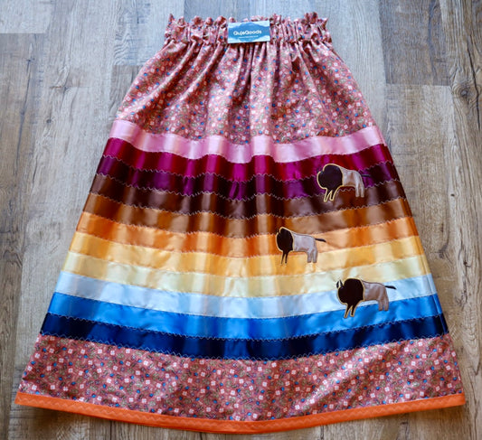 Couture Embroidered Stacked Bison Ribbon Skirt Pockets Womens Clay Floral Cotton Pink to Blue Ombre OOAK Indigenous HandMade *up to 50 inches* (enter desired sizes waist size “inches” or Dress/Pants size in order notes)