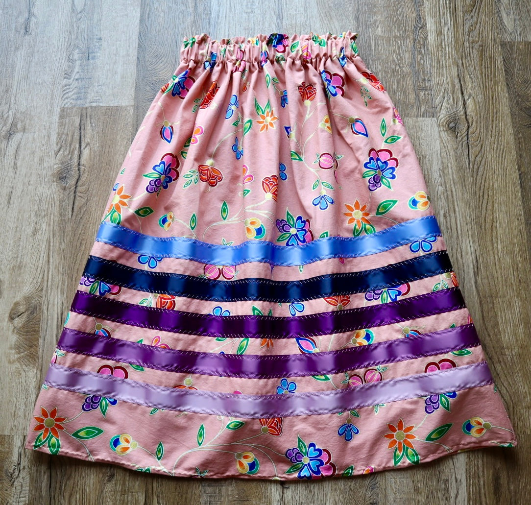 Handmade Ceremony, Casual Ribbon Skirt: Jewel Tones, Pink Floral Print, Custom Waist *up to 50 inches* (enter desired sizes waist size “inches” or Dress/Pants size in order notes)