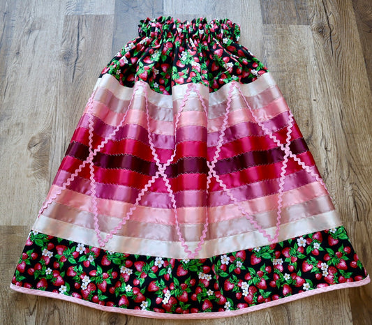 Couture Stacked Ribbon Pocket Womens RicRac Black Strawberry Floral Print Premium Cotton Cream Ombre OOAK Indigenous HandMade CustomWaist *up to 50 inches* (enter desired sizes waist size “inches” or Dress/Pants size in order notes)