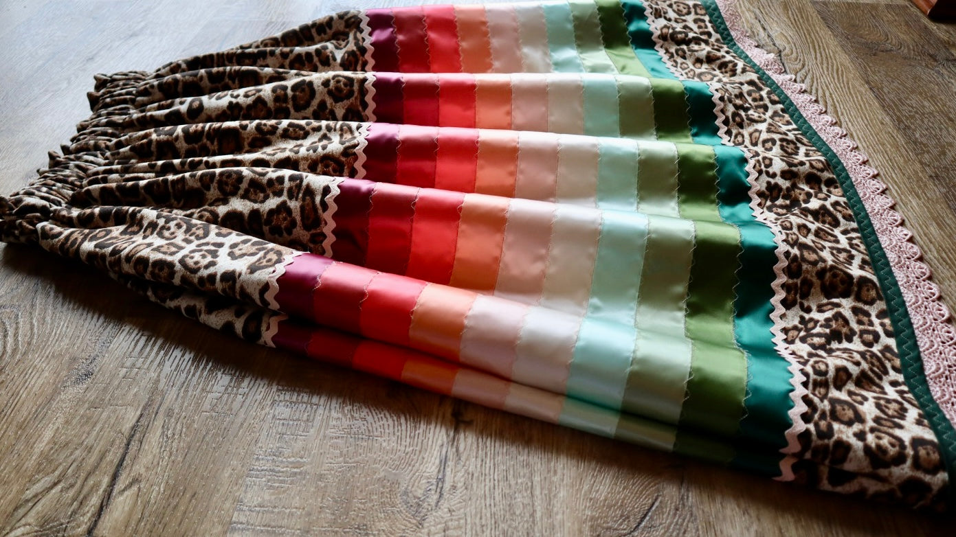 Couture Stacked Ribbon Skirt Pockets Womens Cheetah Print Watermelon Tone Ombre RicRac Premium Cotton OOAK Indigenous HandMade *up to 50 inches* (enter desired sizes waist size “inches” or Dress/Pants size in order notes)
