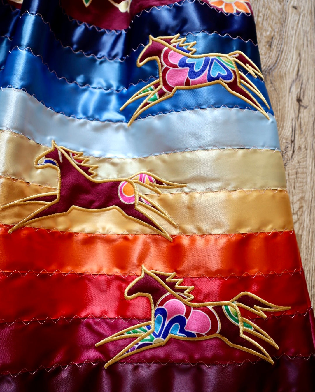 Couture Embroidered Stacked Pony Ribbon Skirt Pockets Womens Indigenous Floral Cotton Fire Water Ombre OOAK Indigenous HandMade *up to 50 inches* (enter desired sizes waist size “inches” or Dress/Pants size in order notes)