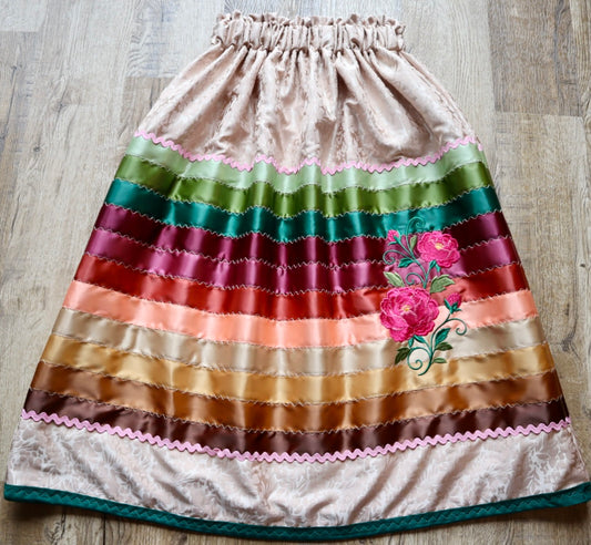 Couture Embroidered Floral Stacked Ribbon Skirt Pockets Womens Beige Satin Earth Tones Ombre OOAK Indigenous HandMade *up to 50 inches* (enter desired sizes waist size “inches” or Dress/Pants size in order notes)