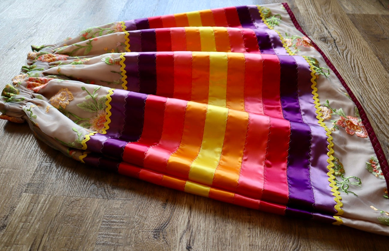 Couture Stacked Ribbon Skirt Pockets Womens Yellow Peach Lace Fire Tones Ombre RicRac Premium Cotton OOAK Indigenous HandMade *up to 50 inches* (enter desired sizes waist size “inches” or Dress/Pants size in order notes)