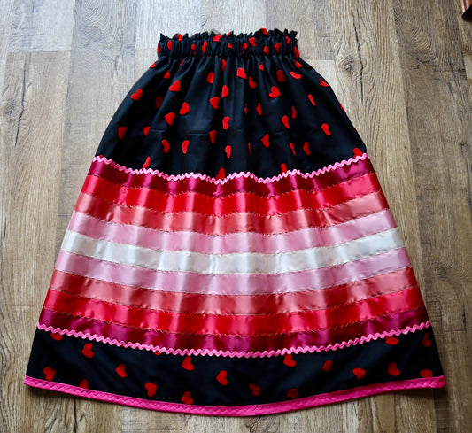 Couture Stacked Ribbon Skirt Pockets Womens Black Heart Lace Pink Tone Ombre RicRac Cotton OOAK Indigenous HandMade *up to 50 inches* (enter desired sizes waist size “inches” or Dress/Pants size in order notes)