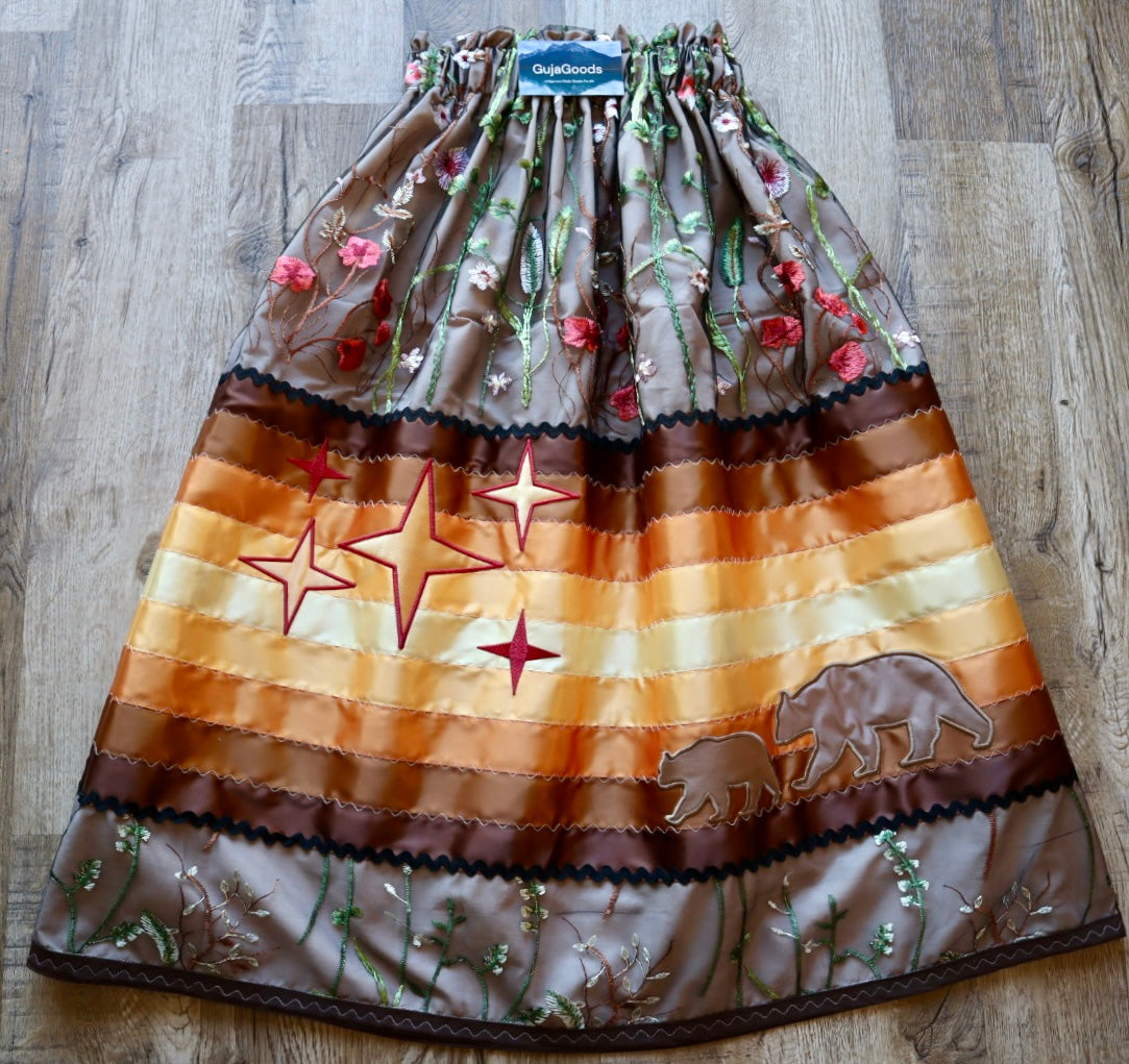 Couture Embroidered Stacked Stars, Mama Bear and Cub Ribbon Skirt Pockets Womens Black Lace Brown to Gold Ombre OOAK Indigenous HandMade *up to 50 inches* (enter desired sizes waist size “inches” or Dress/Pants size in order notes)