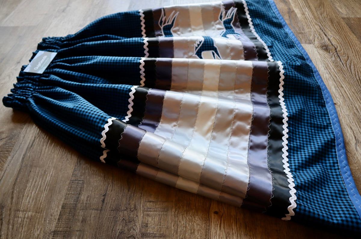 Couture Embroidered Stacked Pony Ribbon Skirt Pockets Womens Blue Gingham Cotton Black Ombre OOAK Indigenous HandMade *up to 50 inches* (enter desired sizes waist size “inches” or Dress/Pants size in order notes)