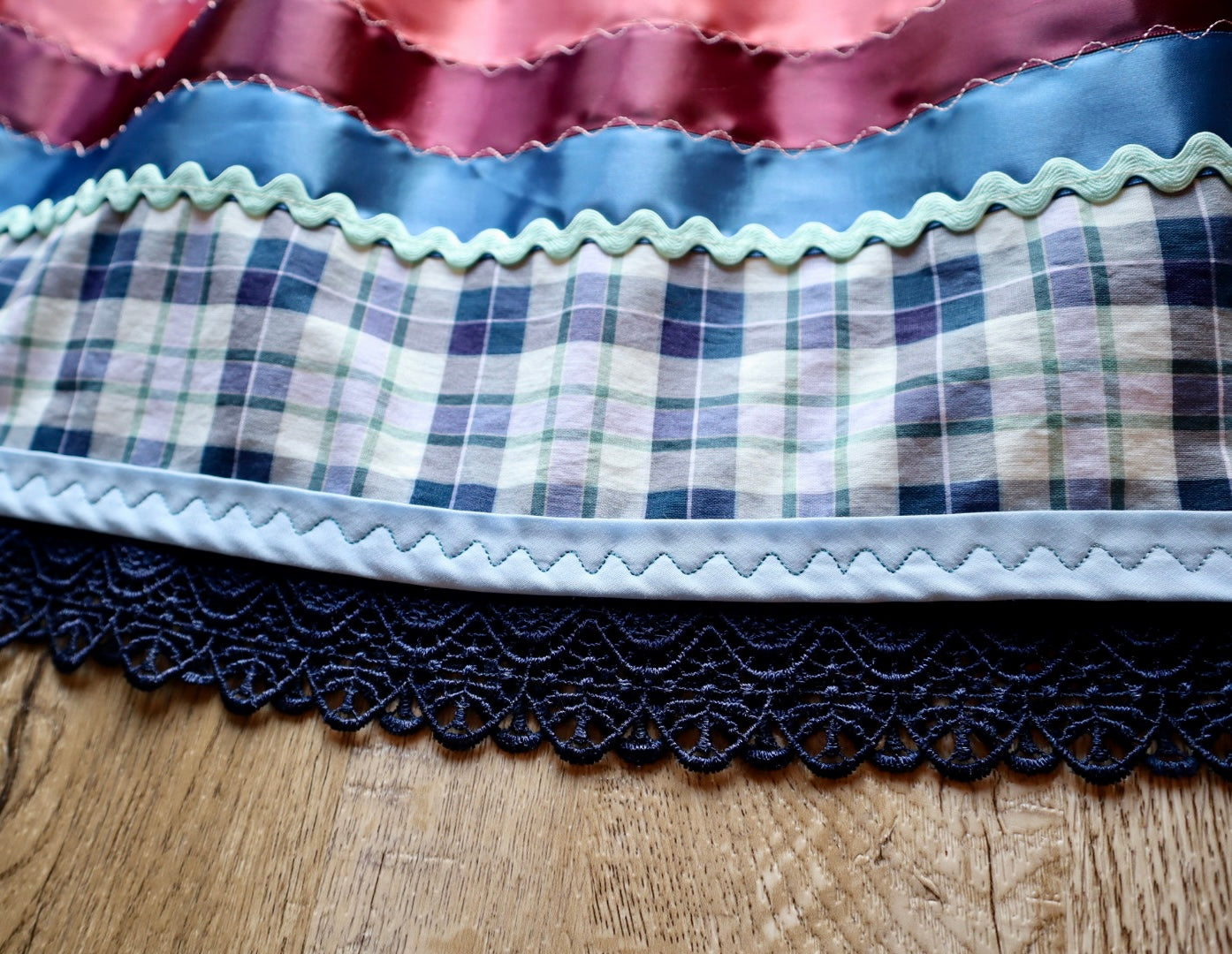 Couture Stacked Ribbon Skirt Pockets Womens Ivory and Blue Plaid Miscellaneous Ric Rac Cotton OOAK Indigenous HandMade *up to 50 inches* (enter desired sizes waist size “inches” or Dress/Pants size in order notes)