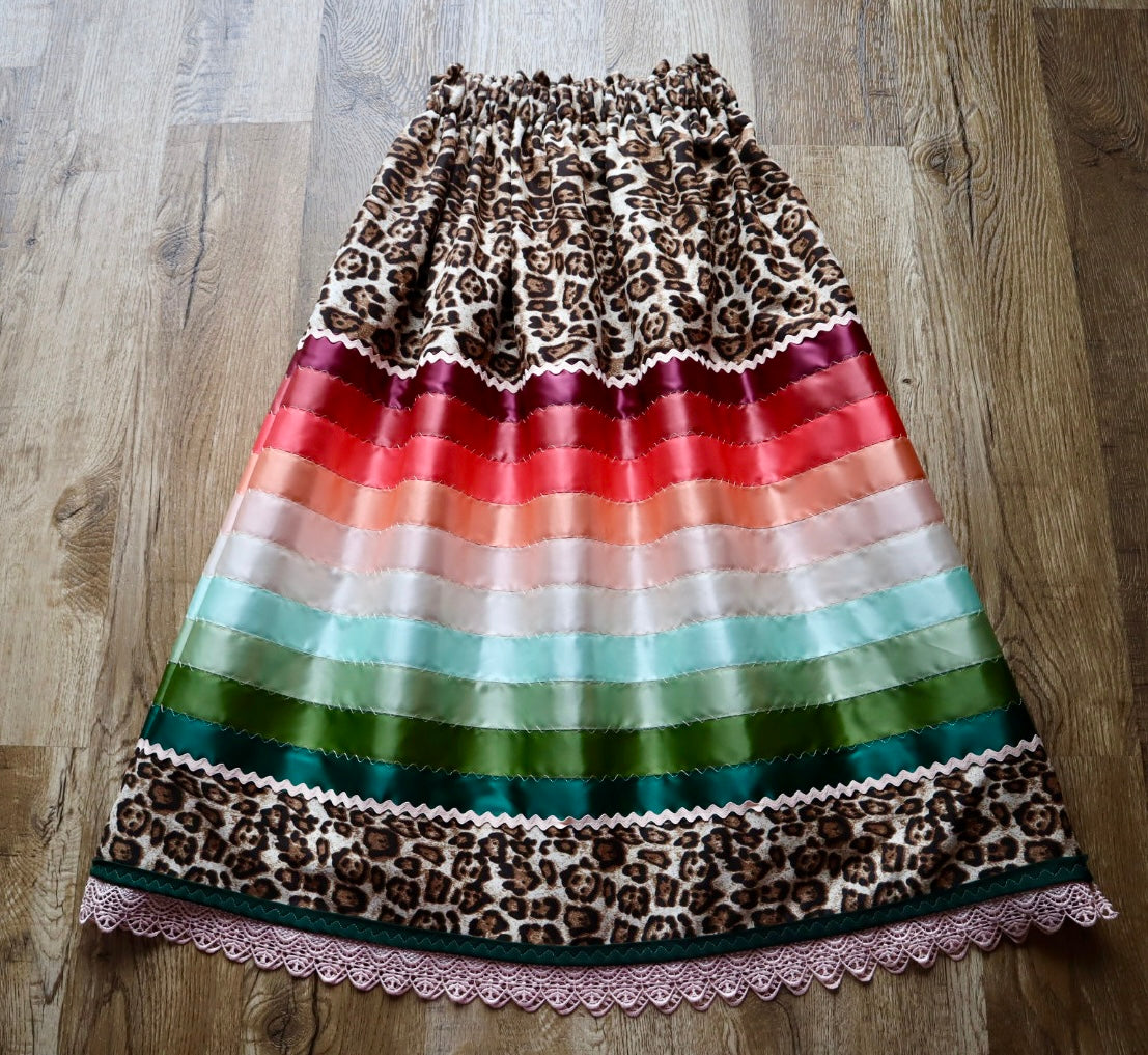 Couture Stacked Ribbon Skirt Pockets Womens Cheetah Print Watermelon Tone Ombre RicRac Premium Cotton OOAK Indigenous HandMade *up to 50 inches* (enter desired sizes waist size “inches” or Dress/Pants size in order notes)