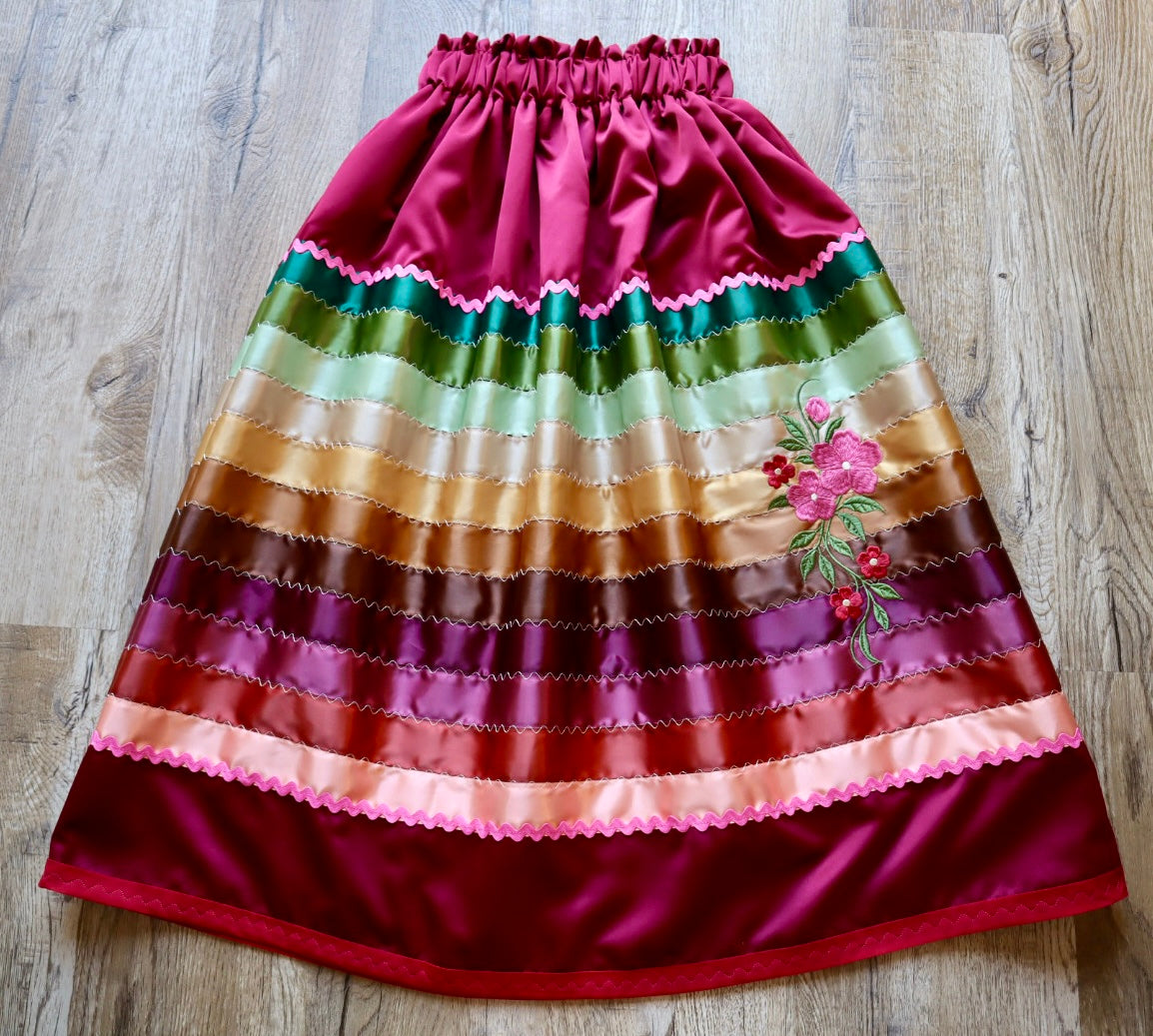 Couture Embroidered Floral Stacked Ribbon Skirt Pockets Womens Red Satin Earth Tones Ombre OOAK Indigenous HandMade *up to 50 inches* (enter desired sizes waist size “inches” or Dress/Pants size in order notes)