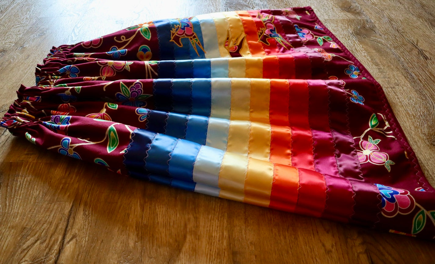 Couture Embroidered Stacked Pony Ribbon Skirt Pockets Womens Indigenous Floral Cotton Fire Water Ombre OOAK Indigenous HandMade *up to 50 inches* (enter desired sizes waist size “inches” or Dress/Pants size in order notes)