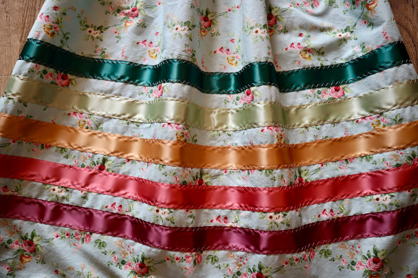 Handmade Ceremony, Casual Ribbon Skirt: Earth Tone Ombre, Light Turquoise Floral Print, Custom Waist *up to 50 inches* (enter desired sizes waist size “inches” or Dress/Pants size in order notes)