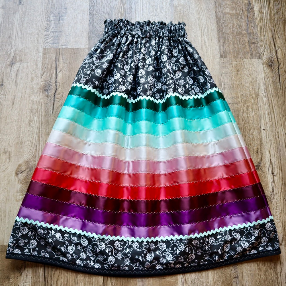 Couture Stacked Ribbon Skirt Pockets Womens Black Paisley Miscellaneous Ric Rac Premium Cotton Turquoise to Maroon OOAK Indigenous HandMade *up to 50 inches* (enter desired sizes waist size “inches” or Dress/Pants size in order notes)