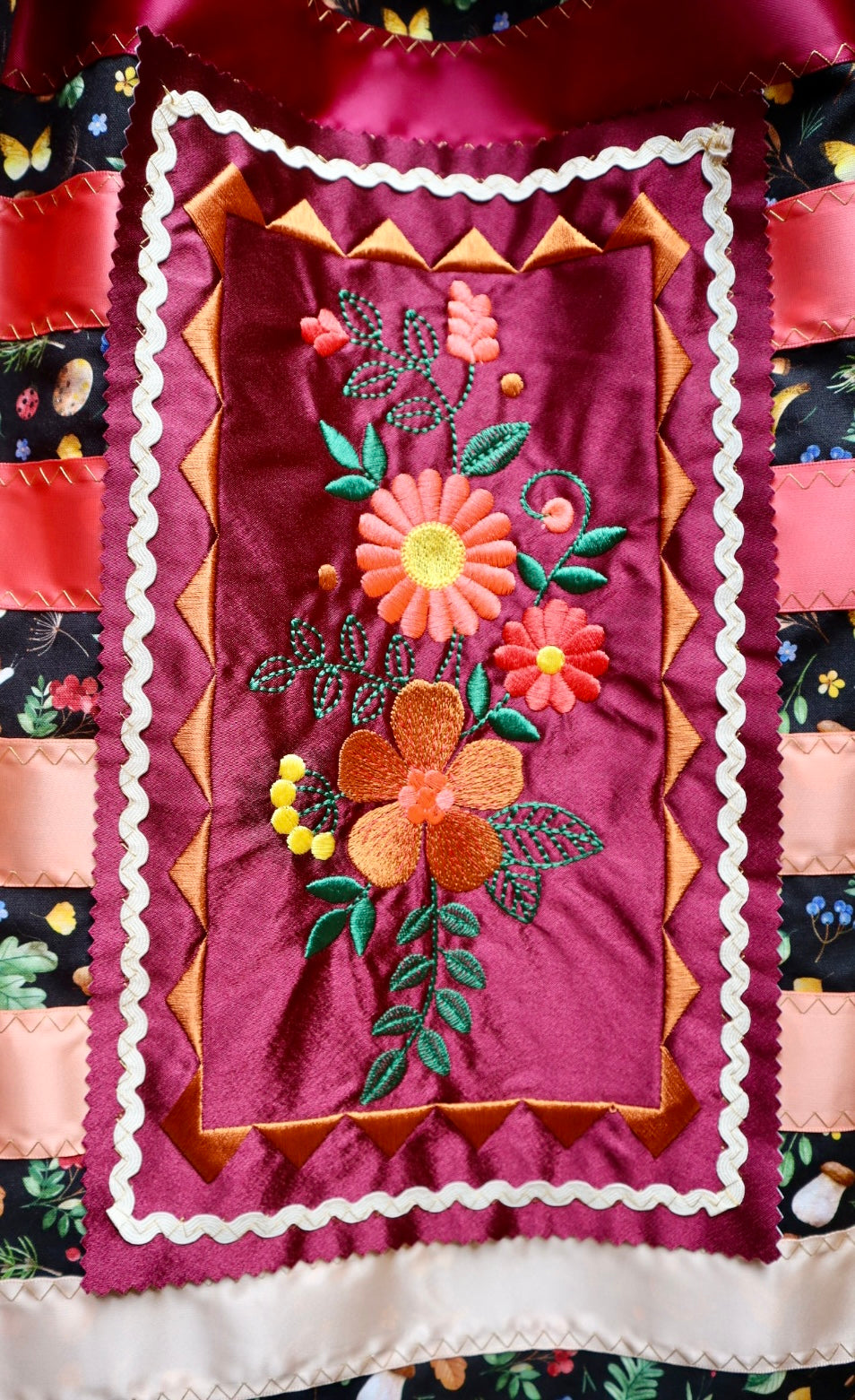 Couture Embroidered Ribbon Skirt Pockets Women’s Black Woods Floral Peach Ombre Premium Cotton OOAK Indigenous HandMade Clothing CustomWaist *up to 50 inches* (enter desired waist size “inches” or Dress/Pants size in order notes)