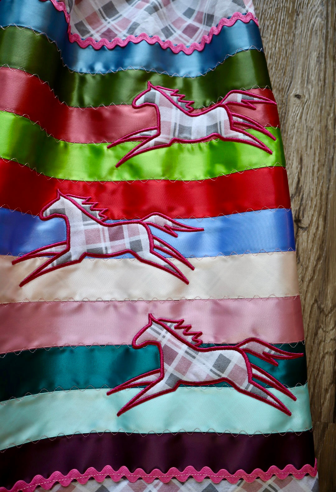 Couture Embroidered Stacked Pony Ribbon Skirt Pockets Womens Pink Plaid Cotton Miscellaneous Ombre OOAK Indigenous HandMade *up to 50 inches* (enter desired sizes waist size “inches” or Dress/Pants size in order notes)
