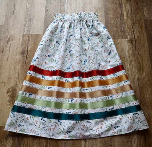 Handmade Ceremony, Casual Ribbon Skirt: Earth Tones, Ivory Fern Floral Print, Custom Waist *up to 50 inches* (enter desired sizes waist size “inches” or Dress/Pants size in order notes)