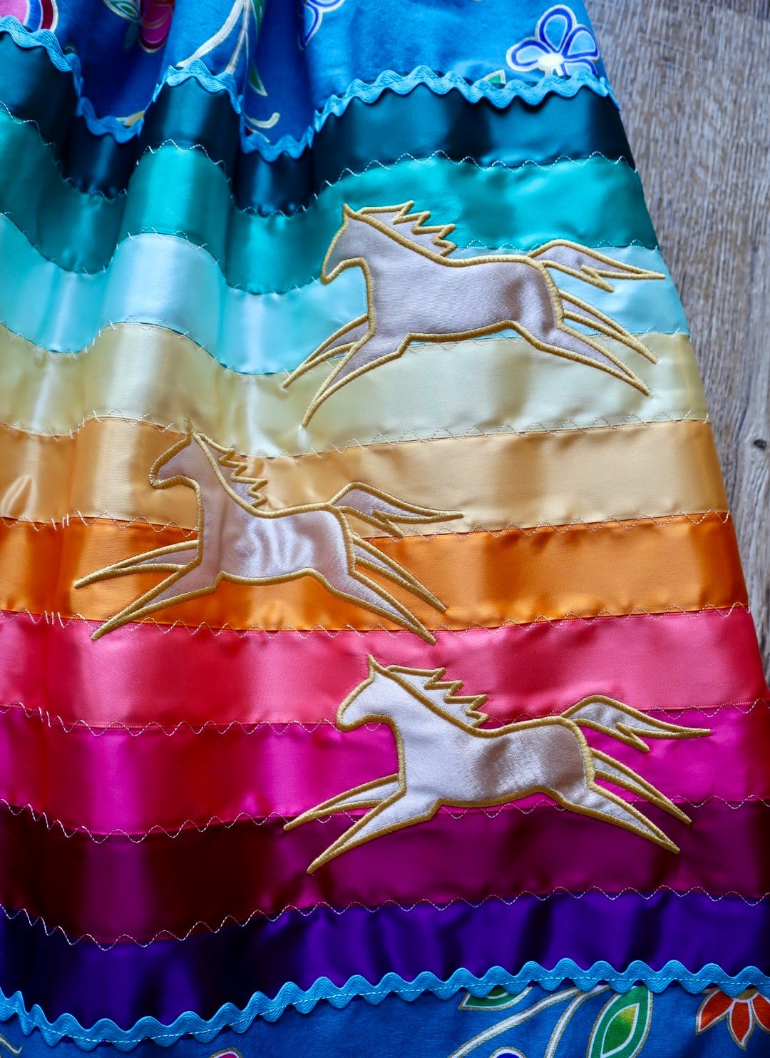 Couture Embroidered Stacked Pony Ribbon Skirt Pockets Womens Indigenous Blue Floral Cotton Fire Water Ombre OOAK Indigenous HandMade *up to 50 inches* (enter desired sizes waist size “inches” or Dress/Pants size in order notes)