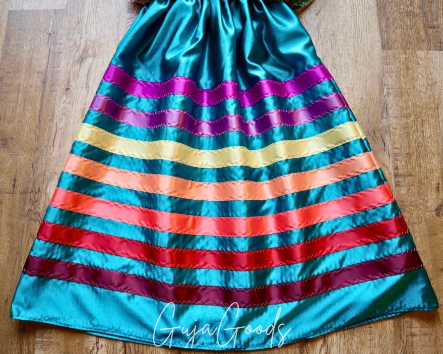 Couture Embroidered Black Floral Lace Ribbon Skirt, Handmade Turquoise Satin Overlay *up to 50 inches* (enter desired sizes waist size “inches” or Dress/Pants size in order notes)