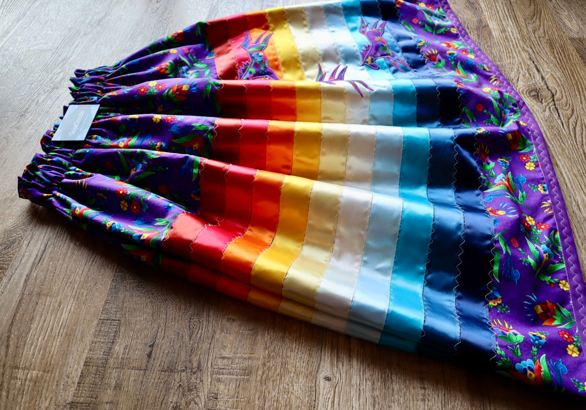 Couture Embroidered Stacked Pony Ribbon Skirt Pockets Womens Purple Floral Cotton Fire Water Ombre OOAK Indigenous HandMade *up to 50-53 inches* (enter desired sizes waist size “inches” or Dress/Pants size in order notes)