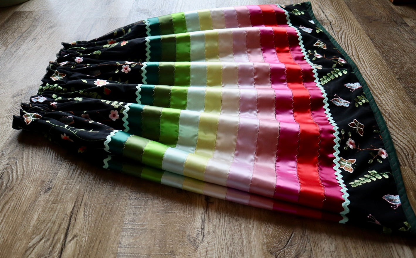 Couture Stacked Ribbon Skirt Pockets Womens Black Lace Green Pink Tone Ombre RicRac Cotton OOAK Indigenous HandMade *up to 50 inches* (enter desired sizes waist size “inches” or Dress/Pants size in order notes)