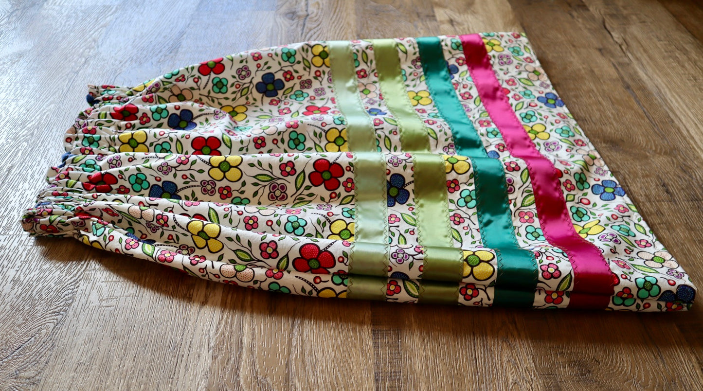 Handmade Ribbon Skirt, Child Size 7-9 Ivory Rose Green Floral Print Premium Cotton, OOAK Indigenous Made Clothing
