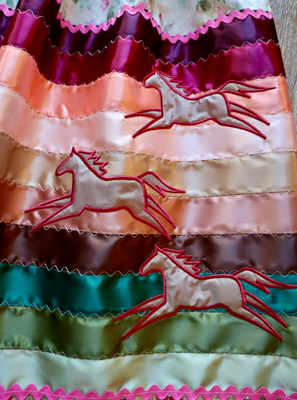 Couture Embroidered Stacked Pony Ribbon Skirt Pockets Womens Cream Floral Cotton Earth Tone Ombre OOAK Indigenous HandMade *up to 50 inches* (enter desired sizes waist size “inches” or Dress/Pants size in order notes)
