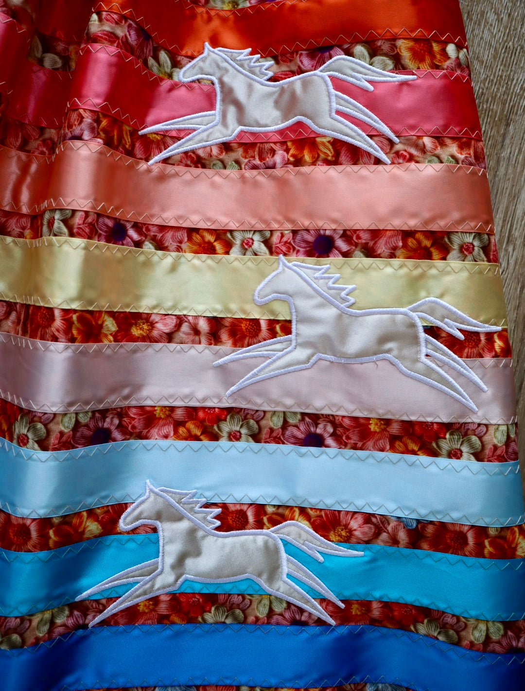 Couture Embroidered Pony Ribbon Skirt Pockets Womens Orange Floral Premium Cotton Fire Water Colours OOAK Indigenous HandMade *up to 50 inches* (enter desired sizes waist size “inches” or Dress/Pants size in order notes)