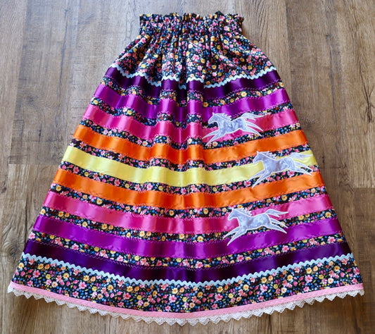 Couture Embroidered Pony Ribbon Skirt Pockets Womens Black Floral Premium Cotton Sunrise Tones OOAK Indigenous HandMade *up to 50 inches* (enter desired sizes waist size “inches” or Dress/Pants size in order notes)