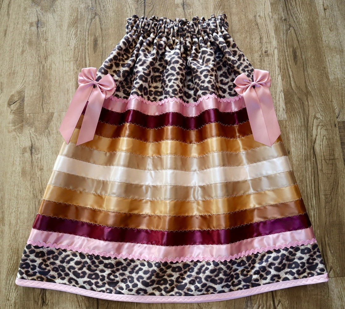 Couture Stacked Ribbon Skirt Pockets Detachable Bows Womens Cheetah Print Pink Gold Ombre RicRac Premium Cotton OOAK Indigenous HandMade *up to 50 inches* (enter desired sizes waist size “inches” or Dress/Pants size in order notes)
